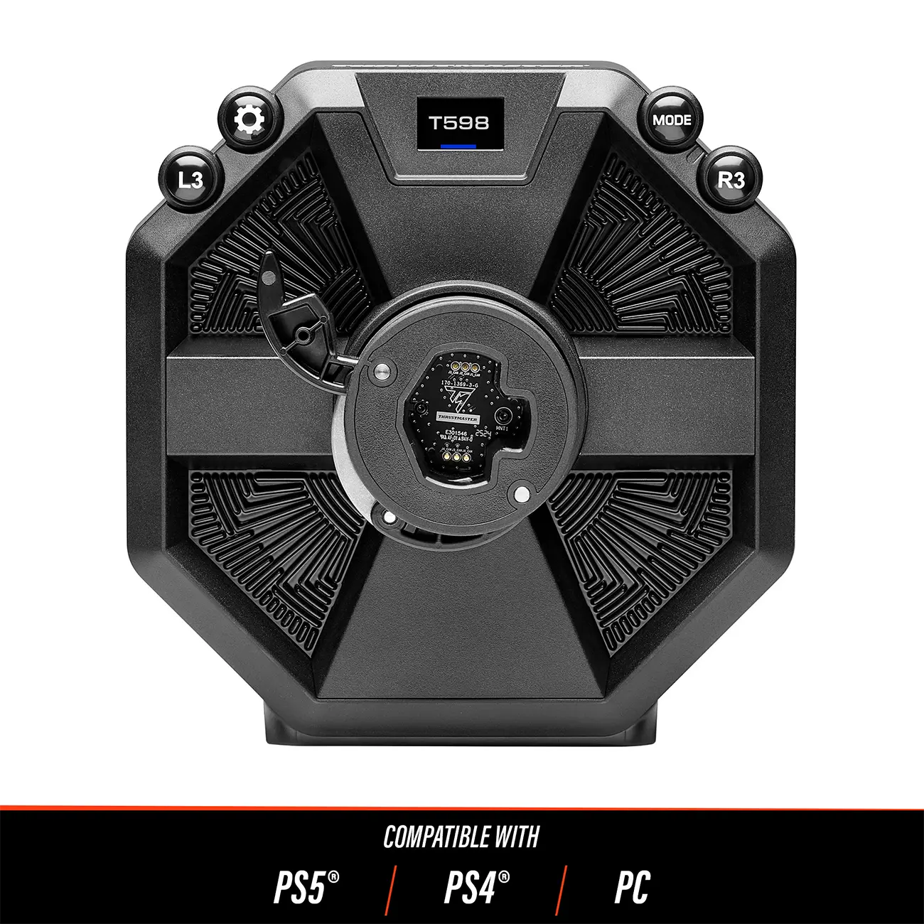 Thrustmaster T598 Direct Drive wheel base front view with ecosystem upgrade options