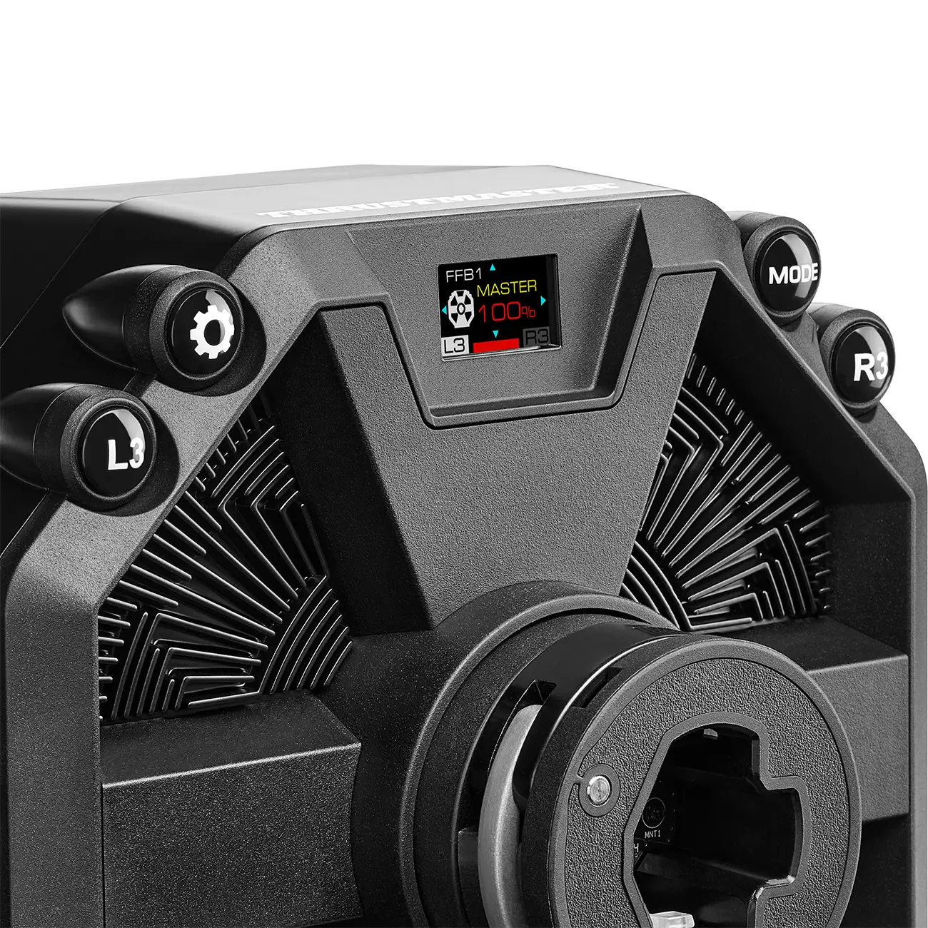 Close-up of Thrustmaster T598 OLED display and control buttons