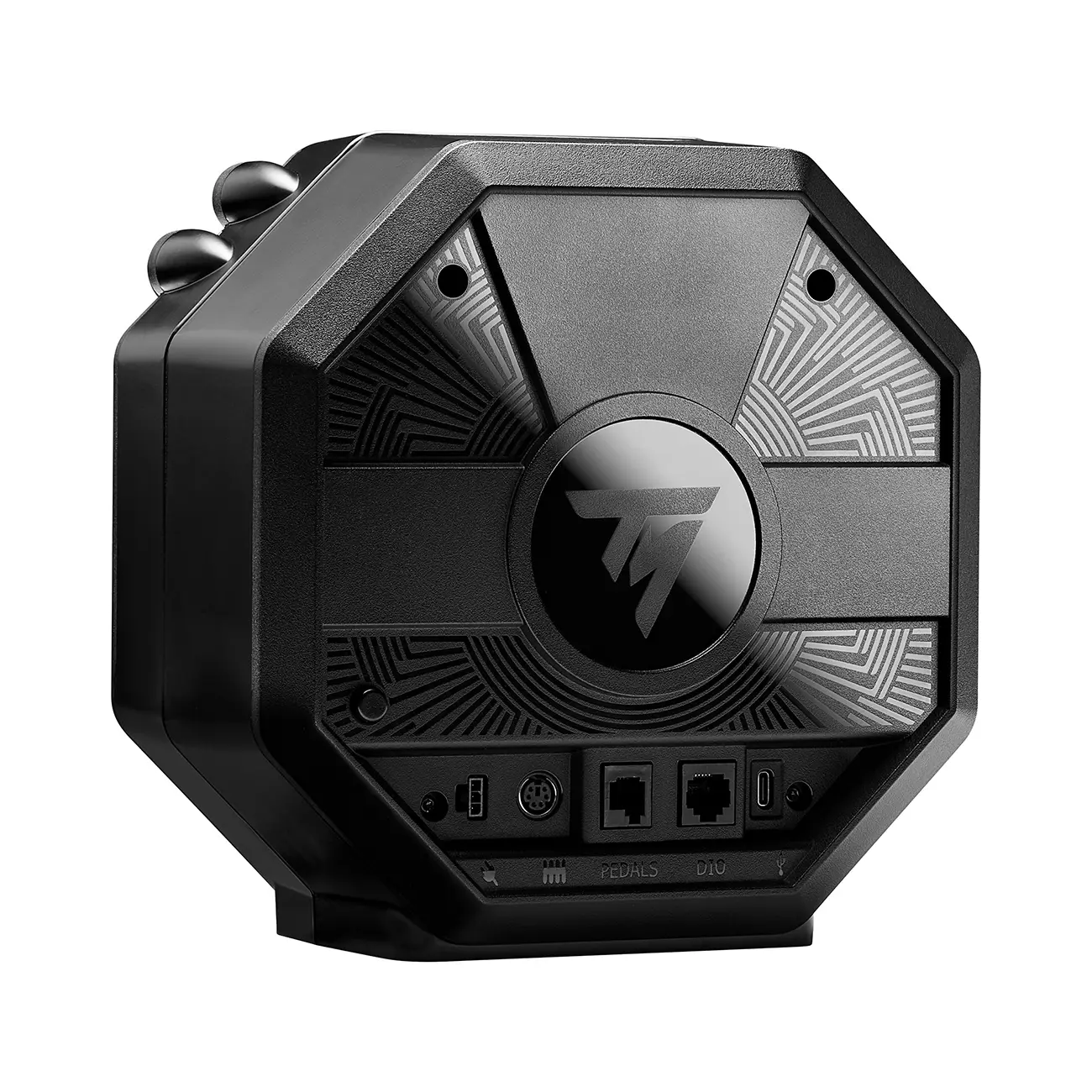 Rear view of Thrustmaster T598 wheel base with ports for pedals and accessories