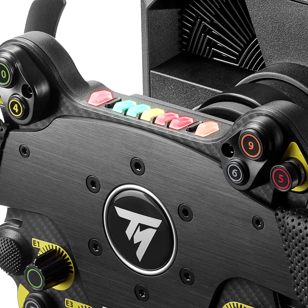 Detail van de Thrustmaster EVO Racing 31U Leather met 7 LED RPM indicatoren en programmeerbare knoppen