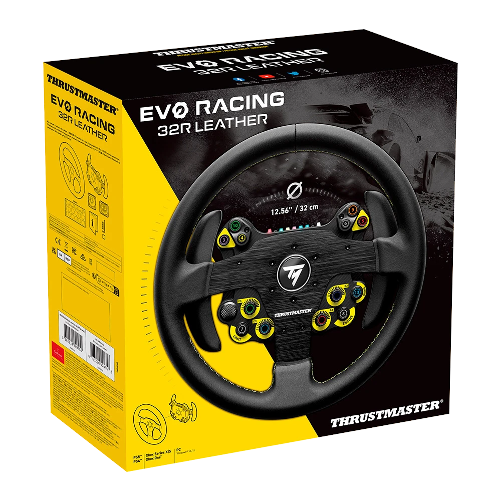 Verpakking van de Thrustmaster Evo Racing 32R Leather Add-on met 32 cm leren stuur