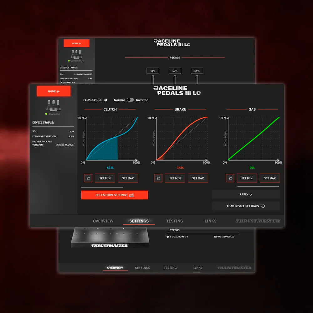 Thrustmaster Raceline pedalen software instellingen en kalibratie scherm