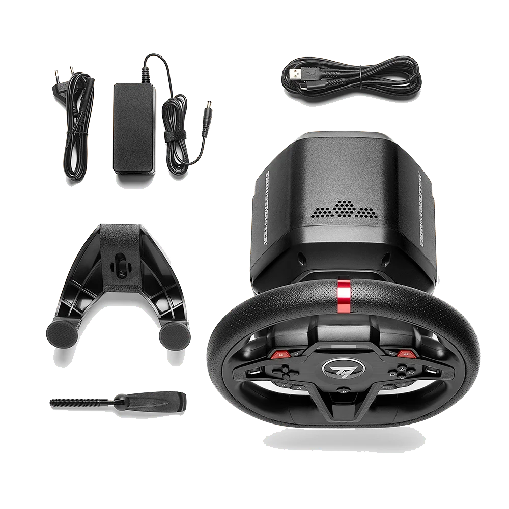 Inhoud van de Thrustmaster T248R doos – stuur, pedalen, kabels, voeding en bevestigingsklem.