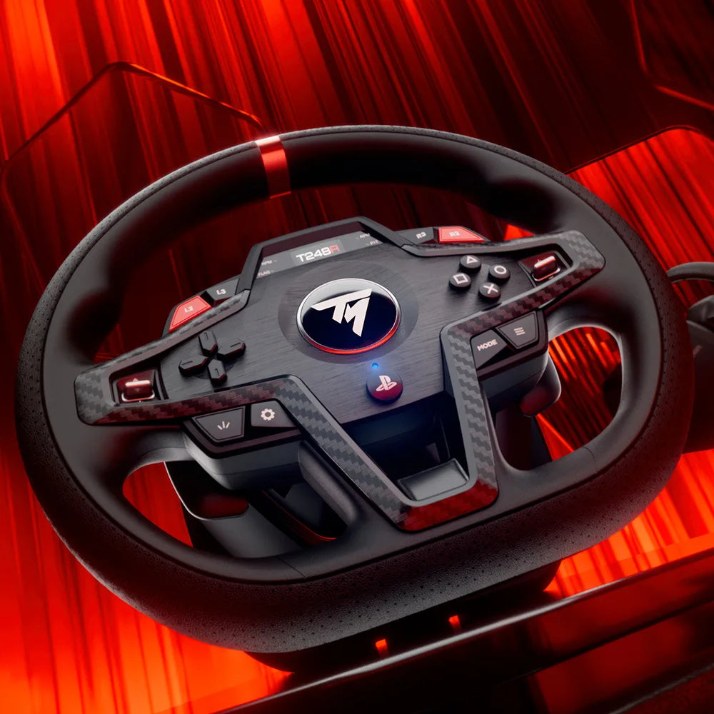 Thrustmaster T248R racestuur – ergonomisch ontwerp met rode centermarkering en carbonlook.