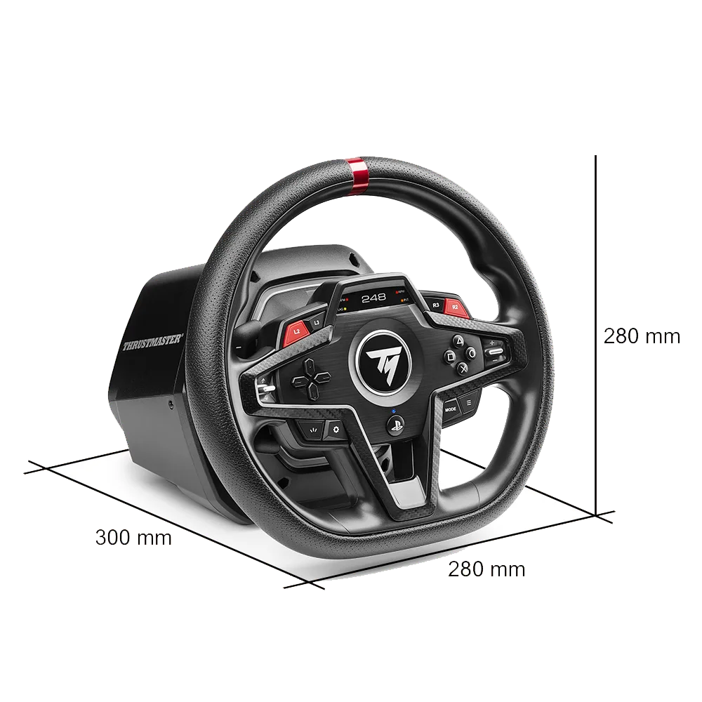 Thrustmaster T248R racestuur – afmetingen 280×300×280 mm – stuurwielbasis met display en bediening.