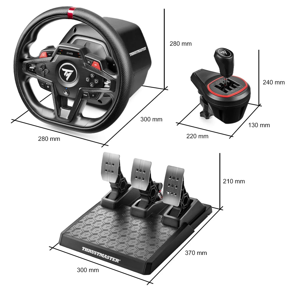 Afmetingen van de Thrustmaster T248R Shifter Pack met racestuur TH8S shifter en T3PM pedalen