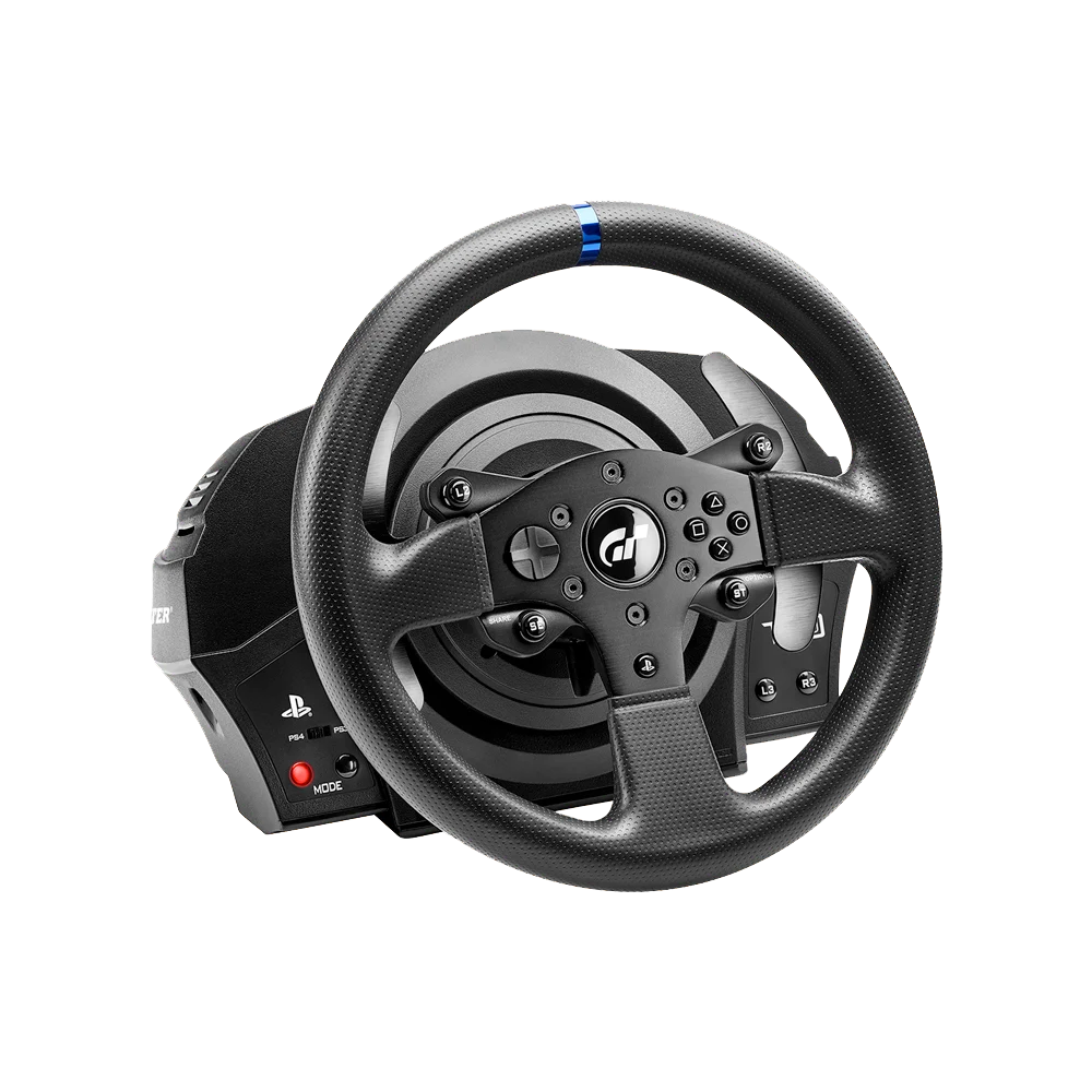 Thrustmaster T300 RS GT racestuur en wheelbase vanuit schuin vooraanzicht met Gran Turismo logo