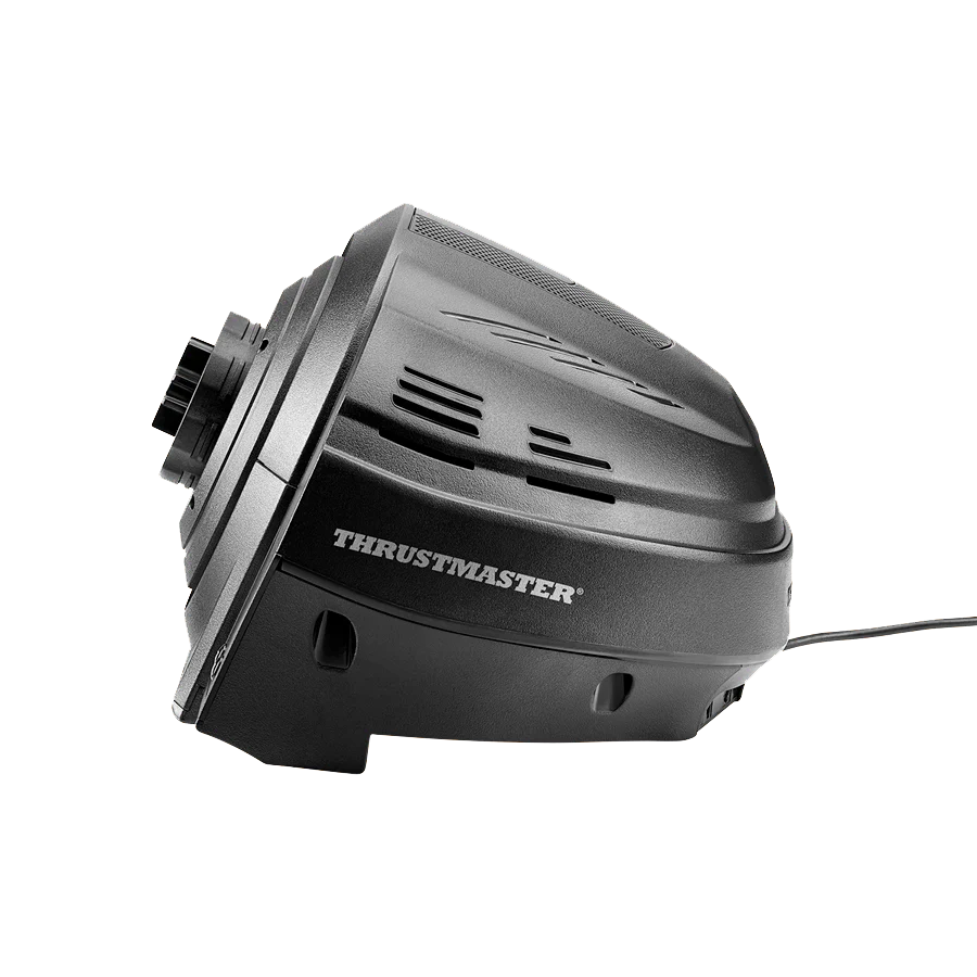 Zijaanzicht van de Thrustmaster T300 RS GT Force Feedback wheelbase met Thrustmaster logo en ventilatieopeningen