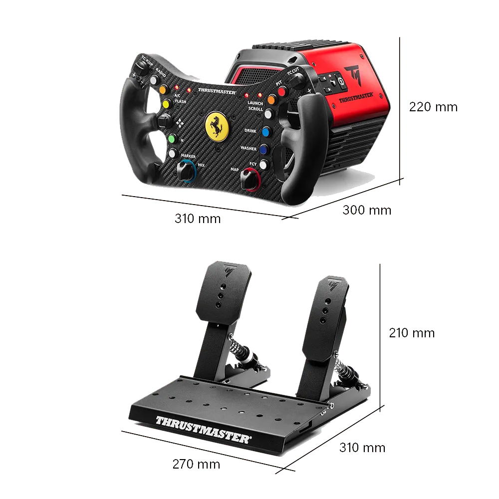Afmetingen van de Thrustmaster T818 Ferrari 488 GT3 wheelbase en Raceline LTE Pedals