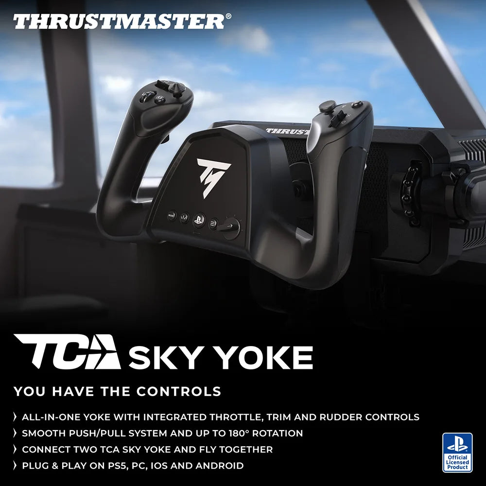 Thrustmaster TCA Sky Yoke-P in een flight simulator cockpit met overzicht van de belangrijkste kenmerken