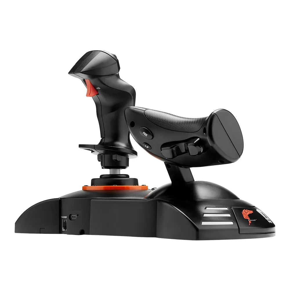 Achteraanzicht van de Thrustmaster HOTAS Neo joystick en throttle met bedieningsknoppen