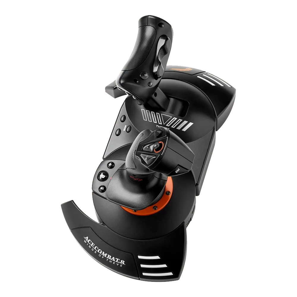 Bovenaanzicht van de Thrustmaster HOTAS Neo flightstick met joystick en throttle