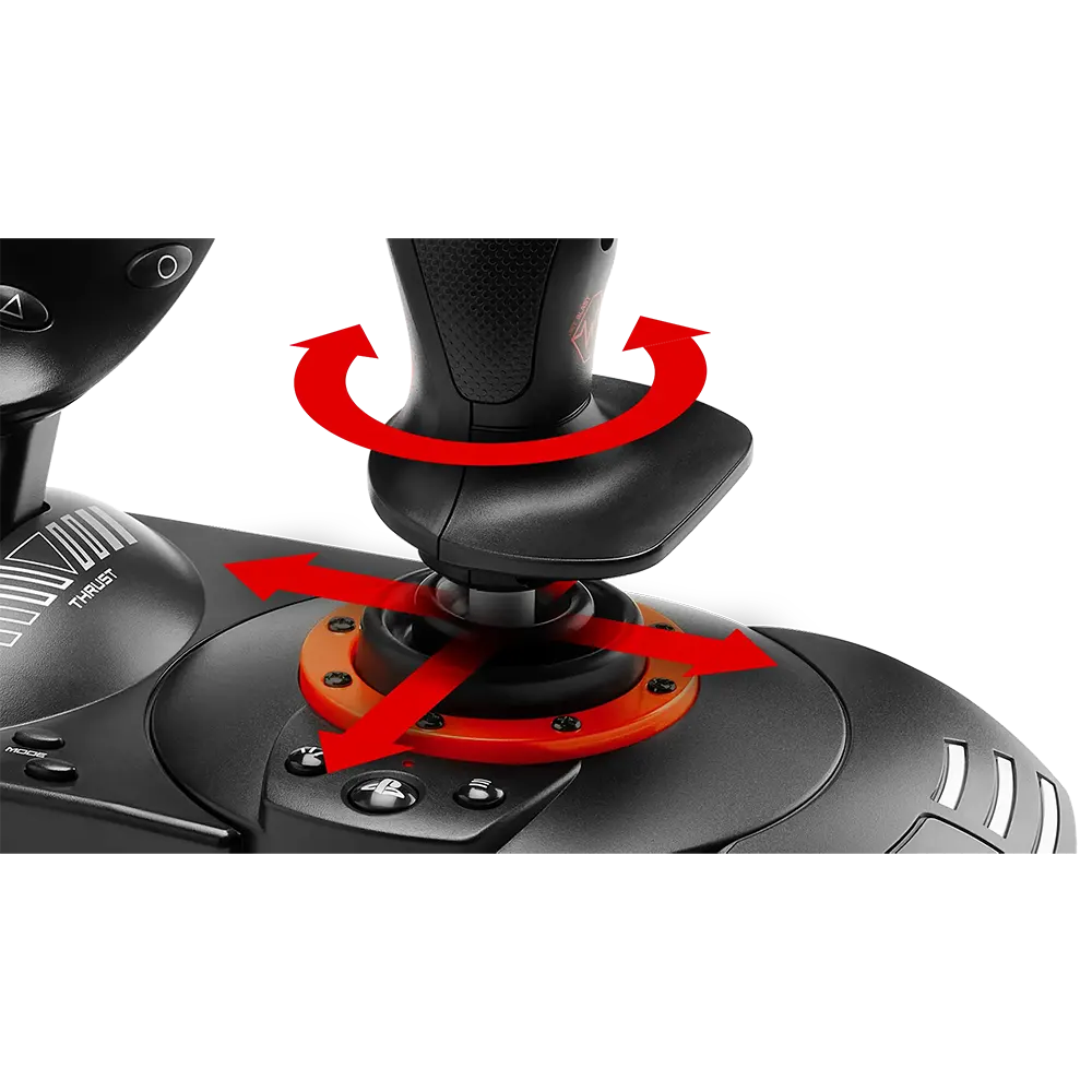 Close-up van de draaibare Z-as en bewegingsrichtingen van de Thrustmaster HOTAS Neo