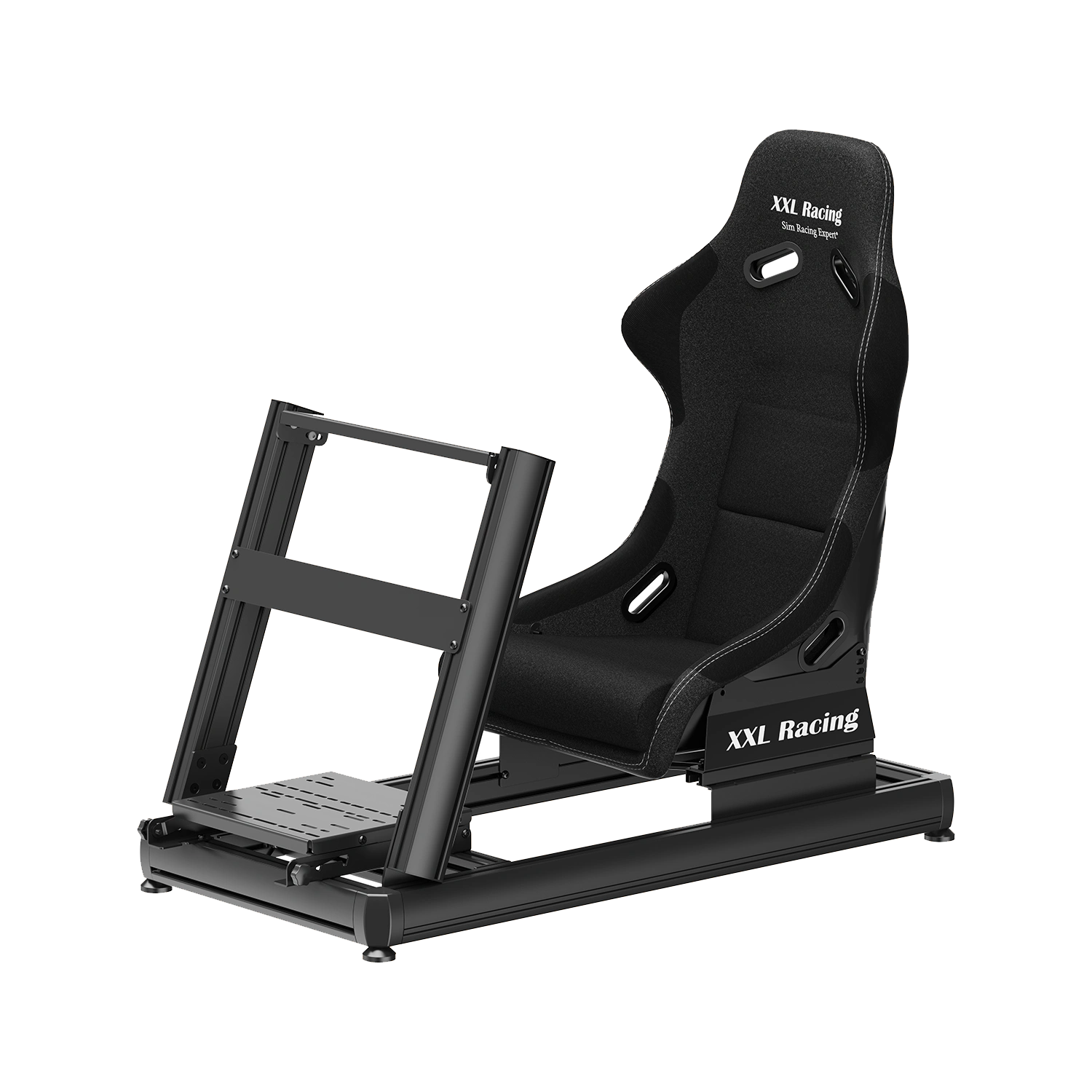 Schuin vooraanzicht van de XXL Racing Monzano cockpit met verstelbare stuurplaat en bucketseat