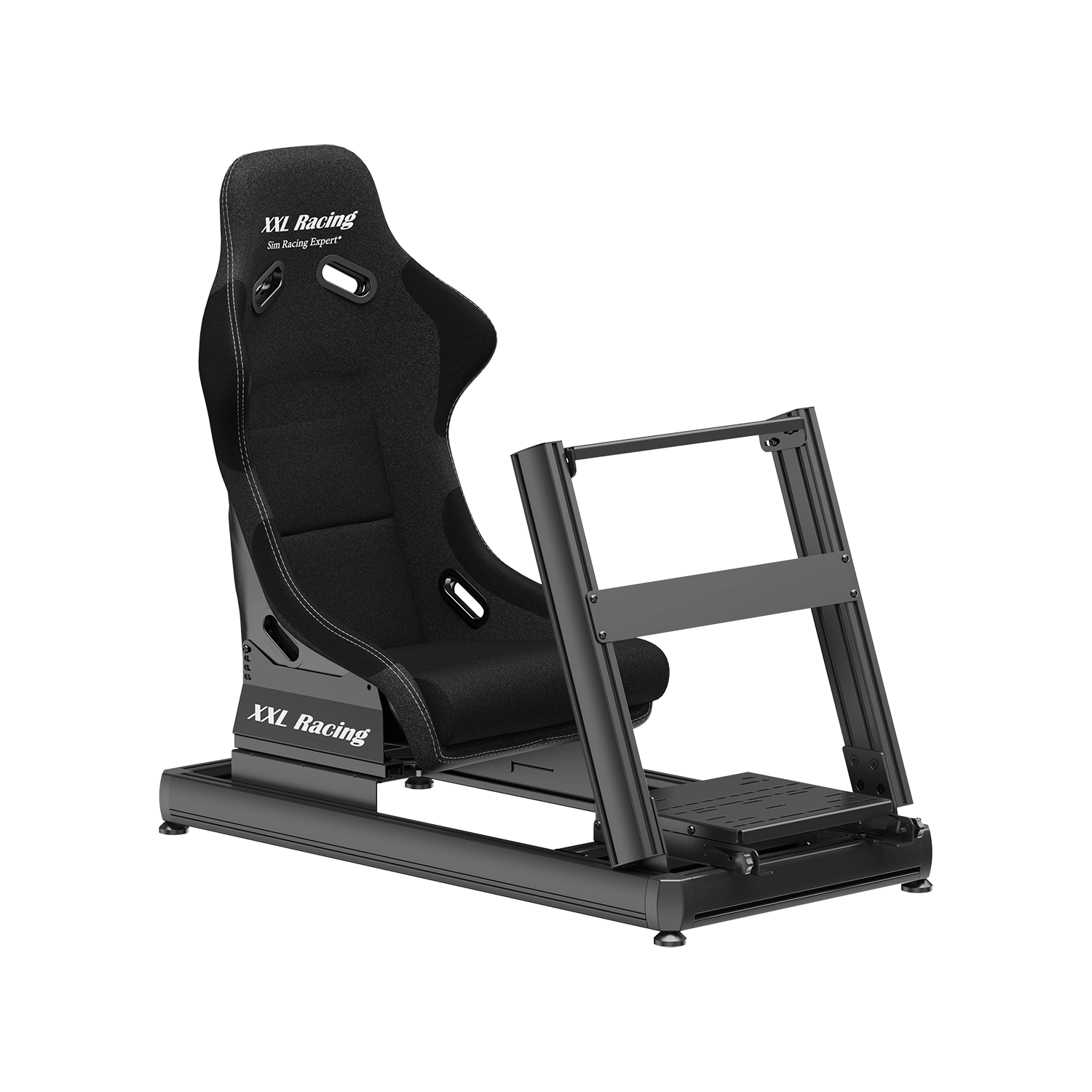 Schuin vooraanzicht van de XXL Racing Monzano cockpit met verstelbare stuurmodule en pedalenplaat