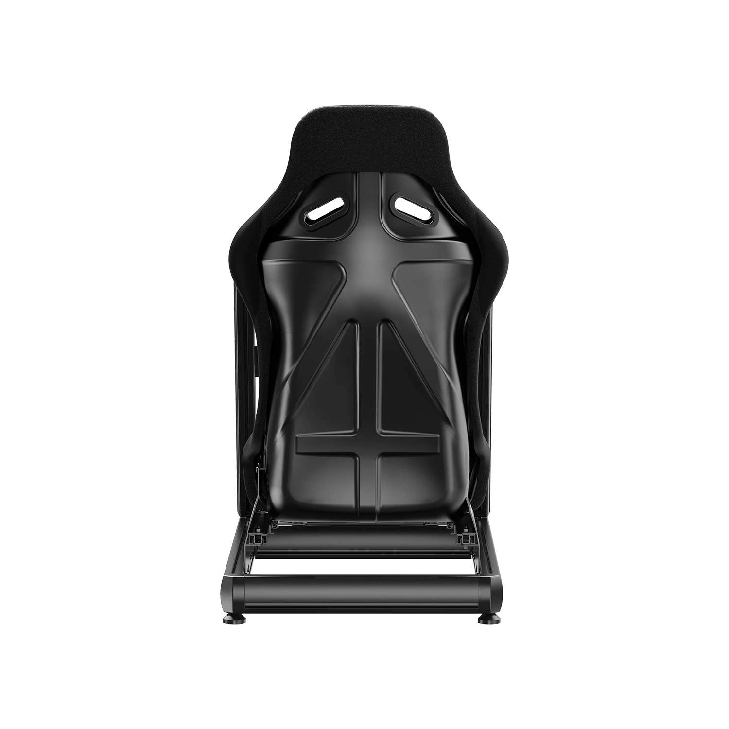 Achteraanzicht van de XXL Racing Monzano sim racing cockpit met zwarte fiberglas bucketseat