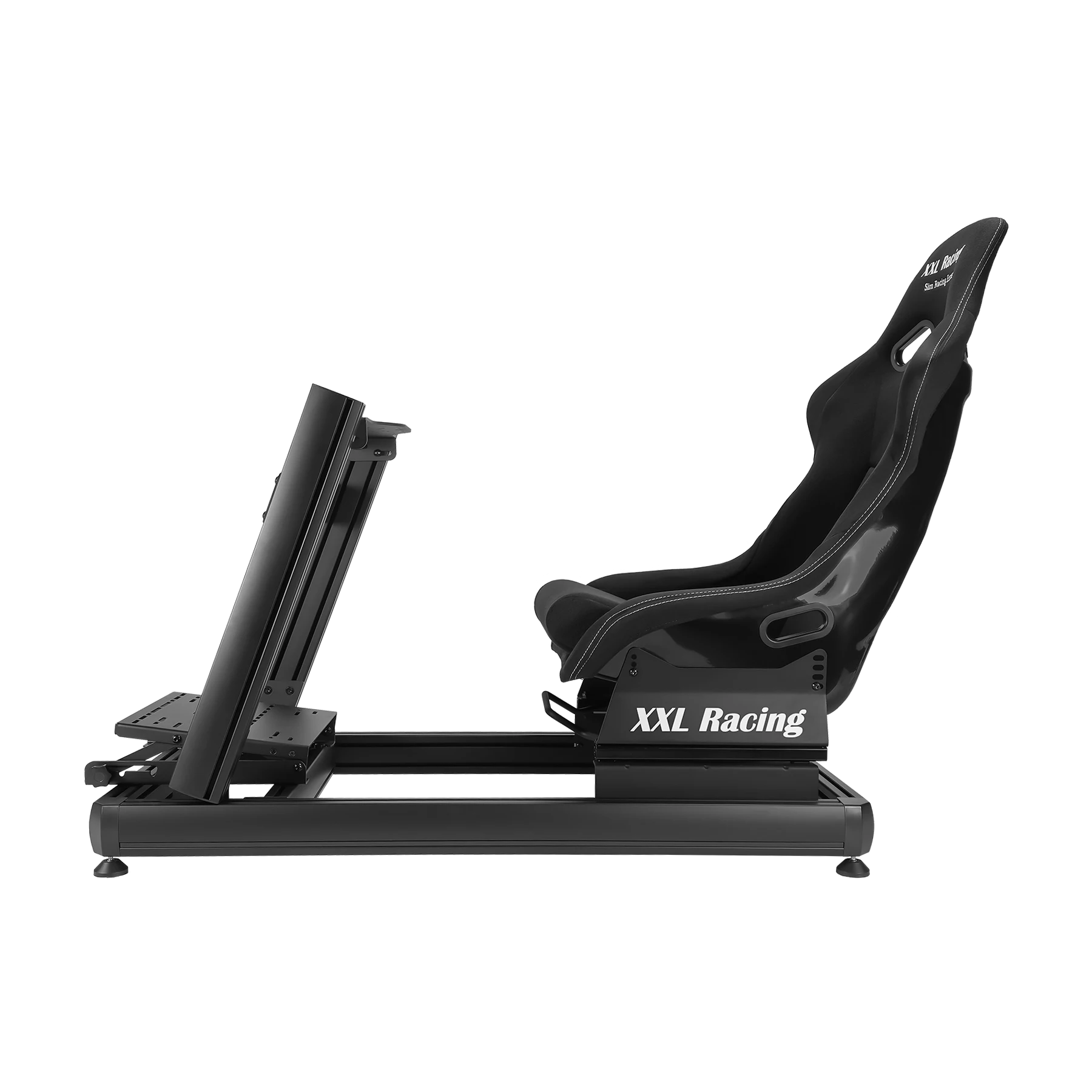 Zijaanzicht van de XXL Racing Monzano sim racing cockpit met 4080 aluminium frame en bucketseat
