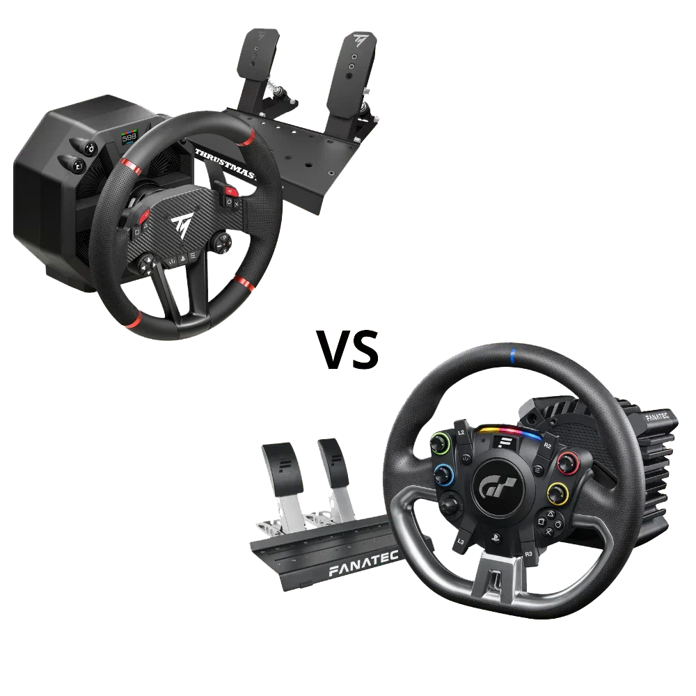Vergelijking tussen de Thrustmaster T598 Direct Drive racestuur bundel en de Fanatec GT DD Pro met pedalen.