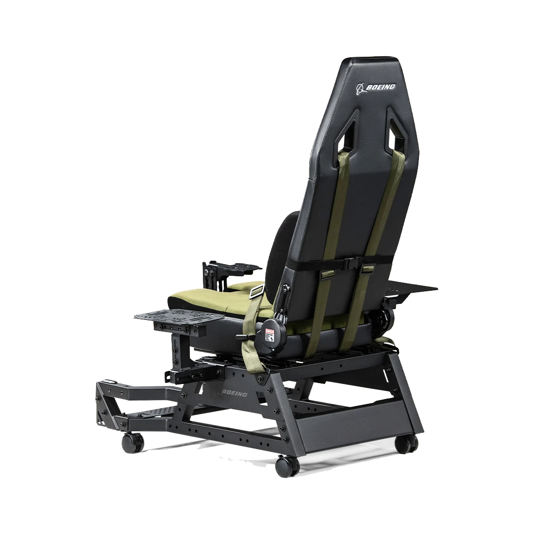 Achteraanzicht van de Flight Seat Pro Boeing Military Edition met Boeing branding en harnas
