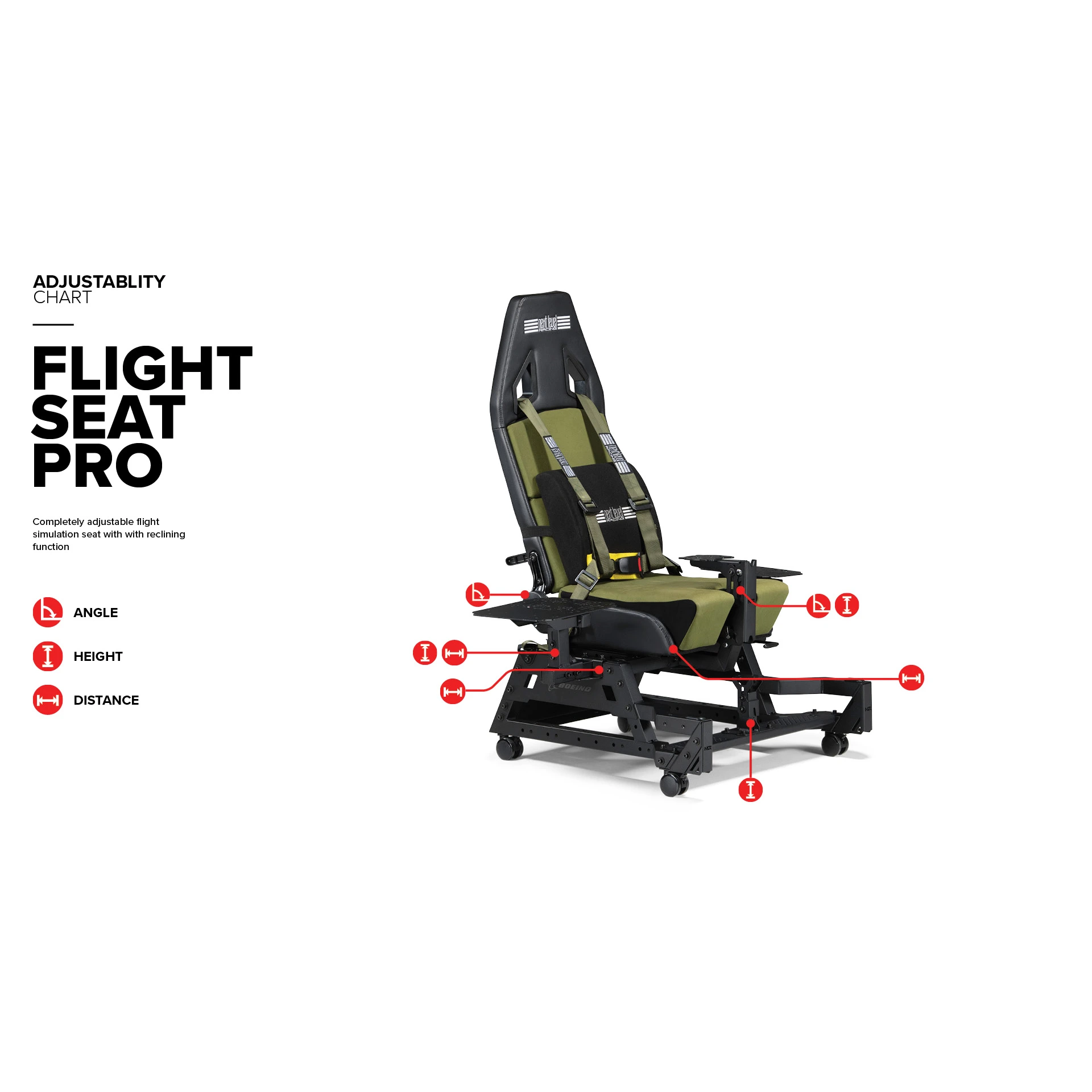 Verstelbaarheid van de Flight Seat Pro Boeing Military Edition met hoogte, hoek en afstandsaanpassingen

