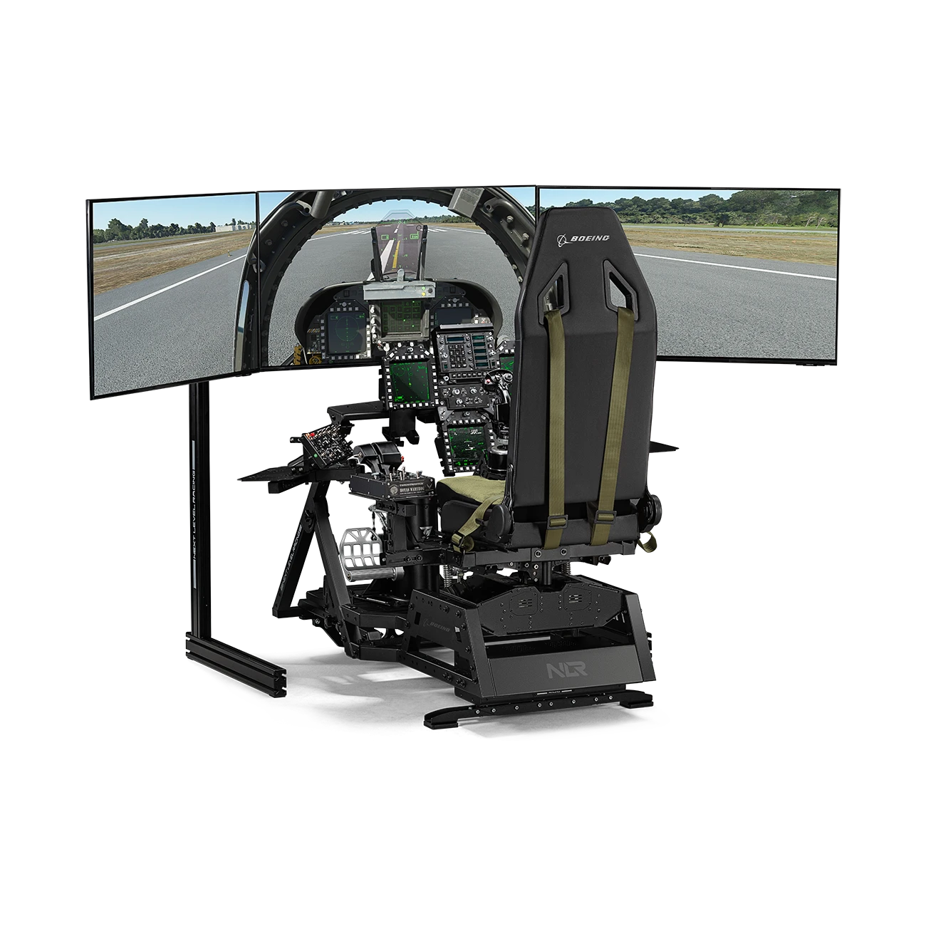 Boeing Military Flight Seat Pro in cockpitopstelling met drievoudig beeldscherm
