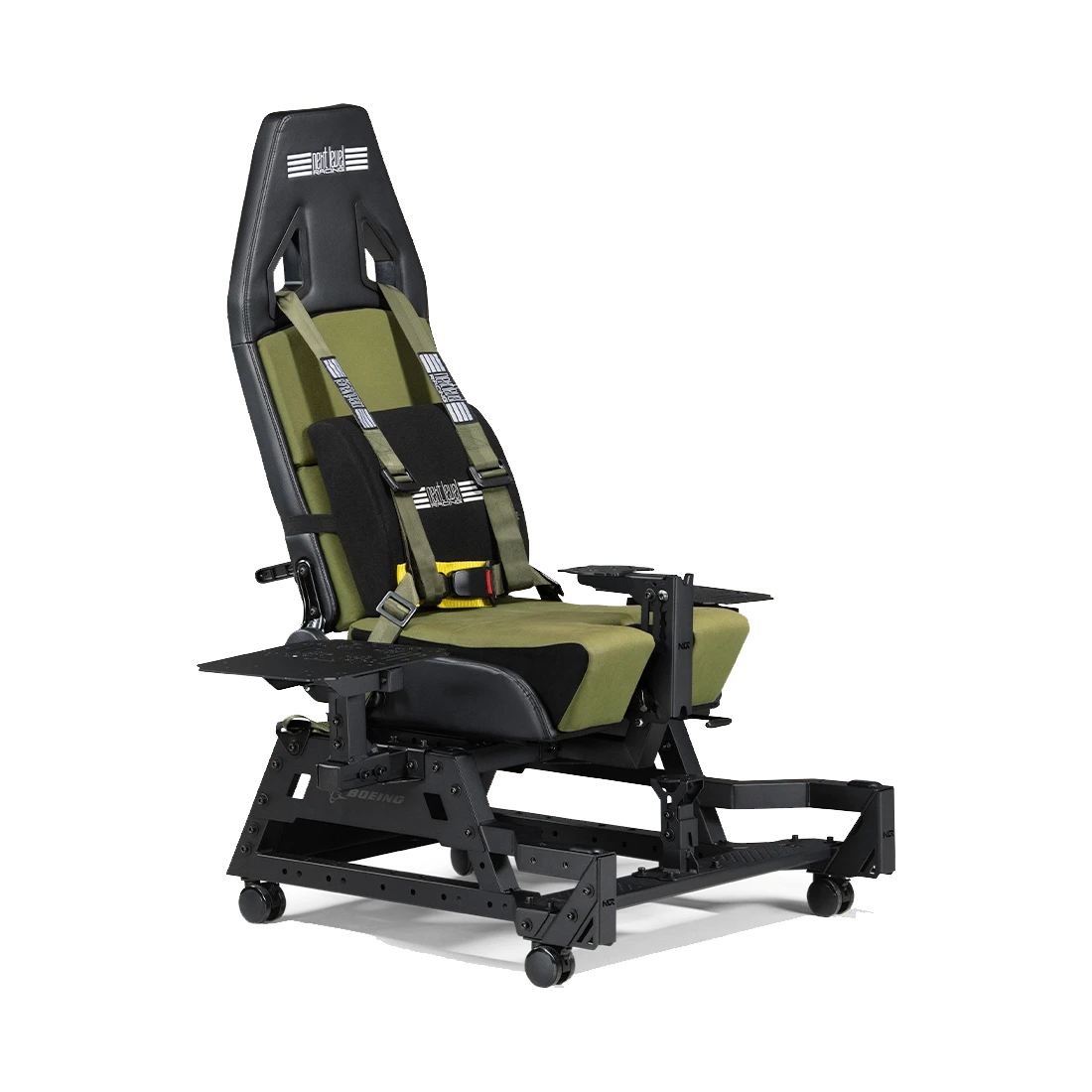 Flight Seat Pro Boeing Military Edition met centrale HOTAS-montage en vierpunts harnas
