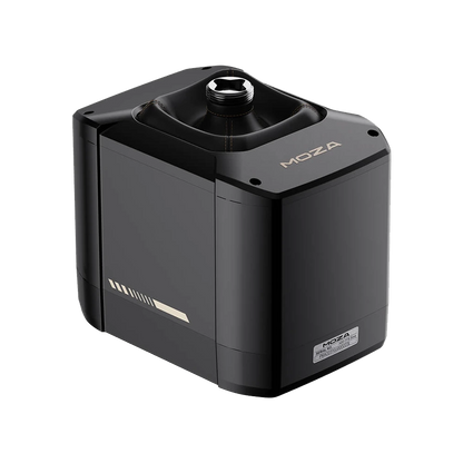 MOZA AB9 FFB basis schuin van voren met stick aansluiting zichtbaar