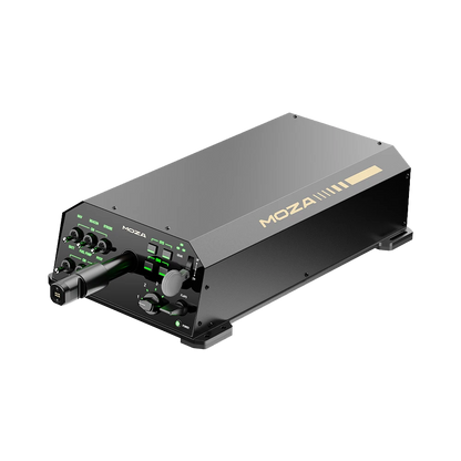 MOZA AY210 Yoke Base schuin vooraanzicht met aansluitingen en bediening