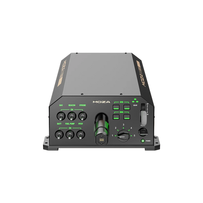 MOZA AY210 Yoke Base vooraanzicht met schakelaars en RJ11 poorten
