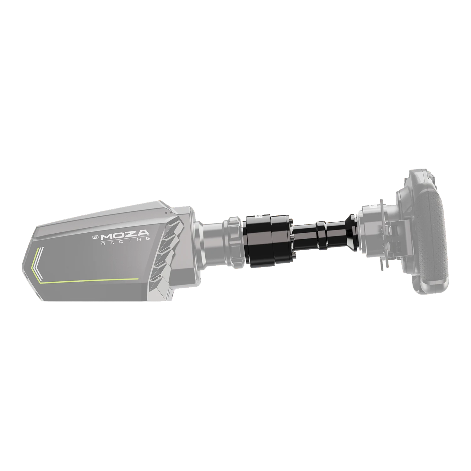 Moza Base Extension Rod gemonteerd tussen wheelbase en stuur