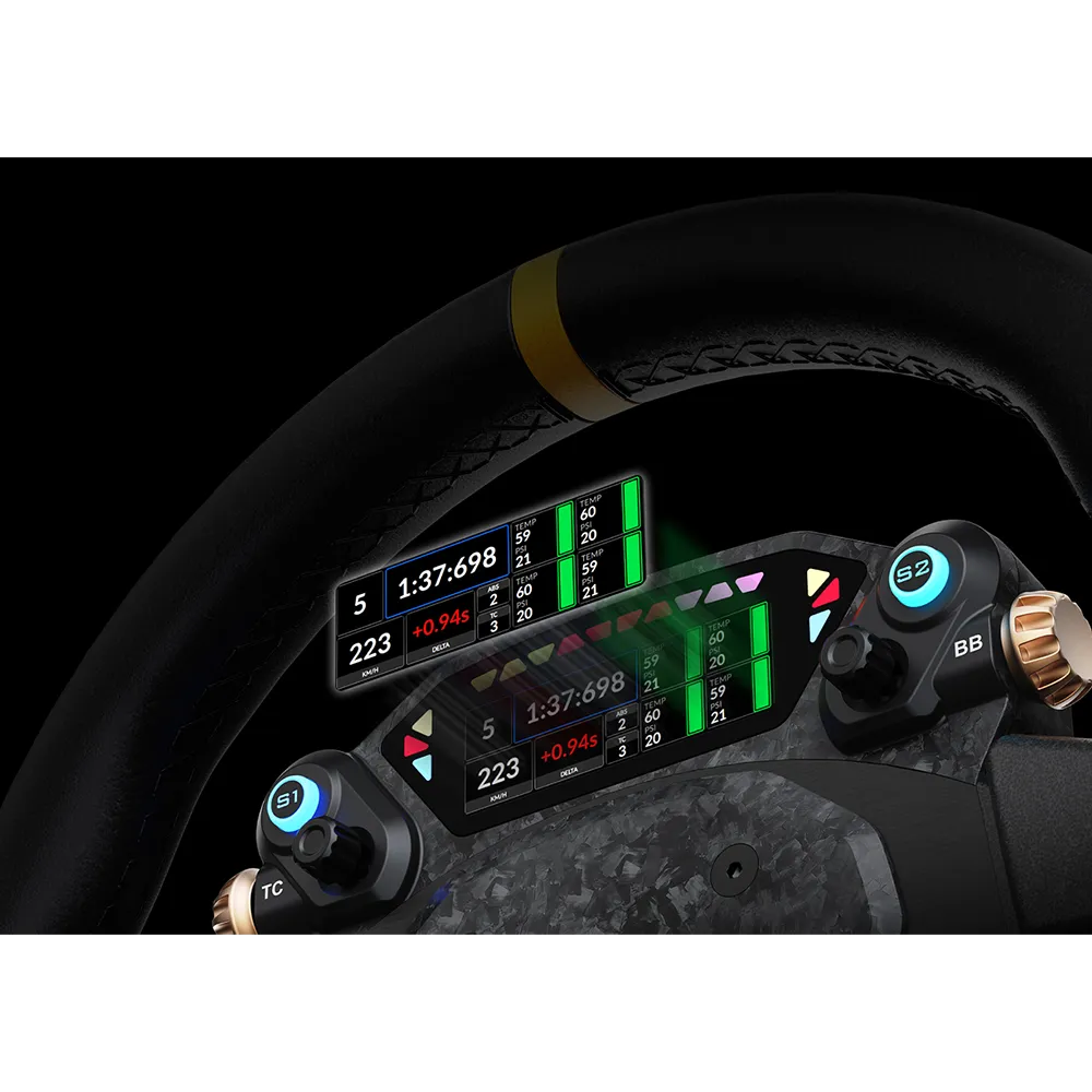 Close up van het Moza CS Pro 2,99 inch display met telemetry en rev lights