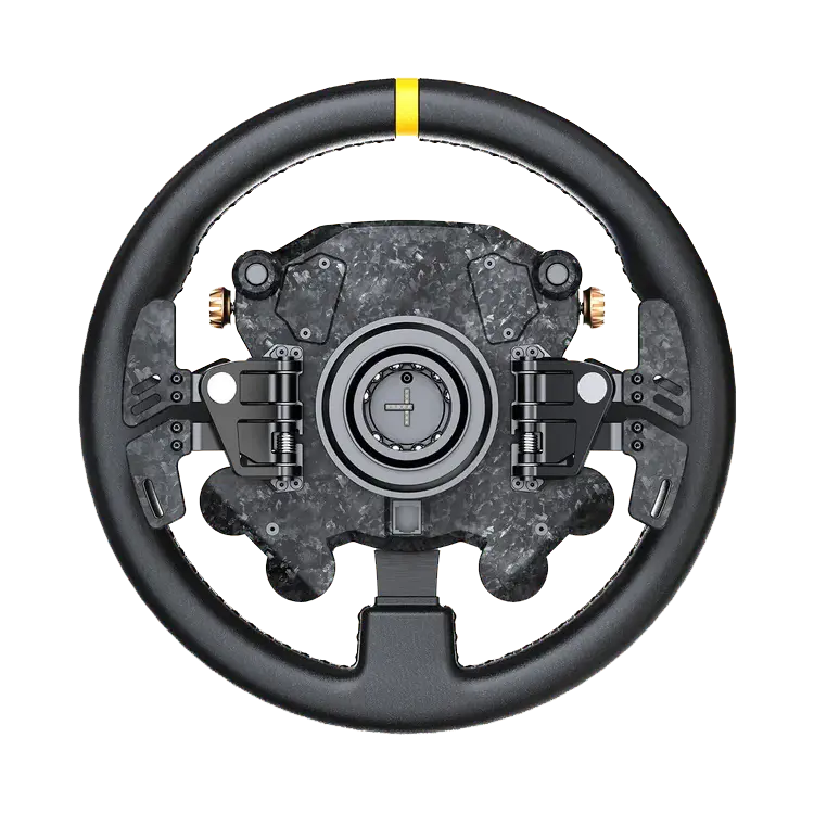 Moza CS Pro stuur achteraanzicht met forged carbon paddles en aluminium quick release
