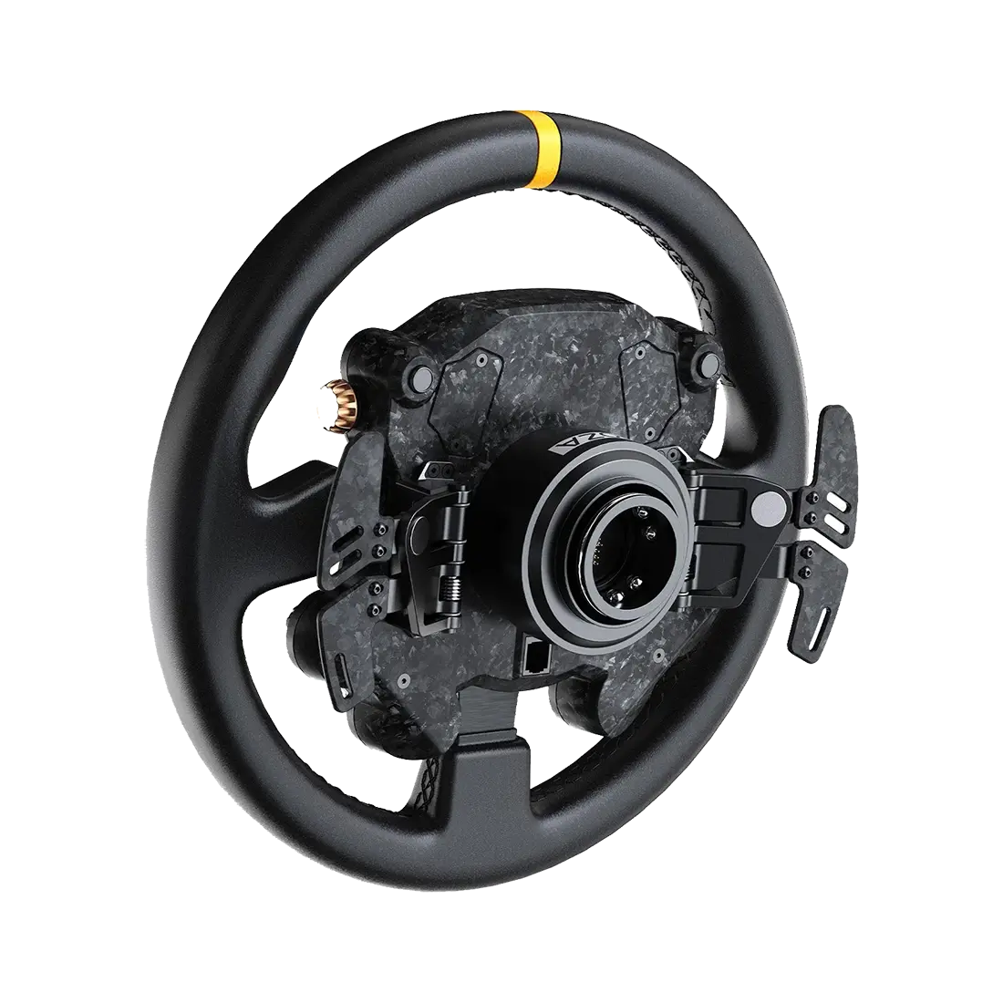 Moza CS Pro sim race stuur achterzijde met forged carbon paddles en quick release