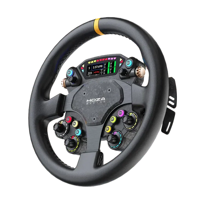 Moza CS Pro stuur schuin vooraanzicht met RGB knoppen, display en rond simrace stuur