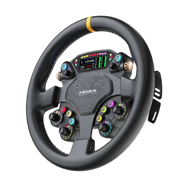 Moza CS Pro stuur schuin vooraanzicht met RGB knoppen, display en rond simrace stuur