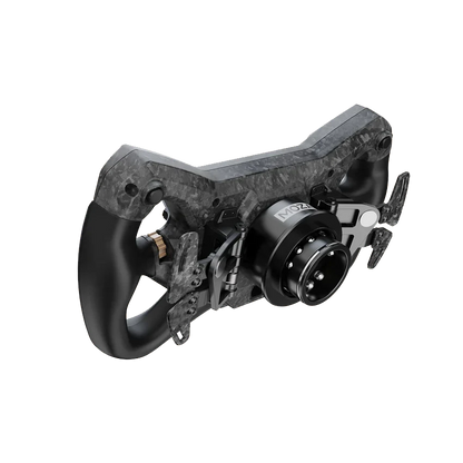 Schuin aanzicht van Moza KS Pro stuur met quick release en dual clutch paddles
