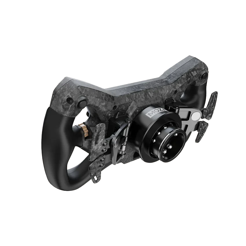 Schuin aanzicht van Moza KS Pro stuur met quick release en dual clutch paddles