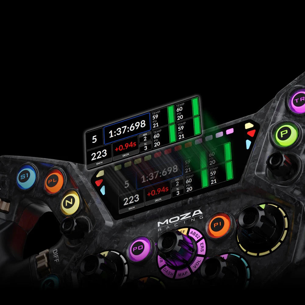Close up van Moza KS Pro stuurwiel met actief LCD display en RGB RPM leds