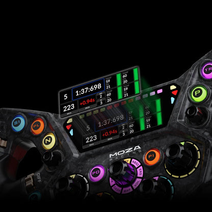 Close up van Moza KS Pro stuurwiel met actief LCD display en RGB RPM leds