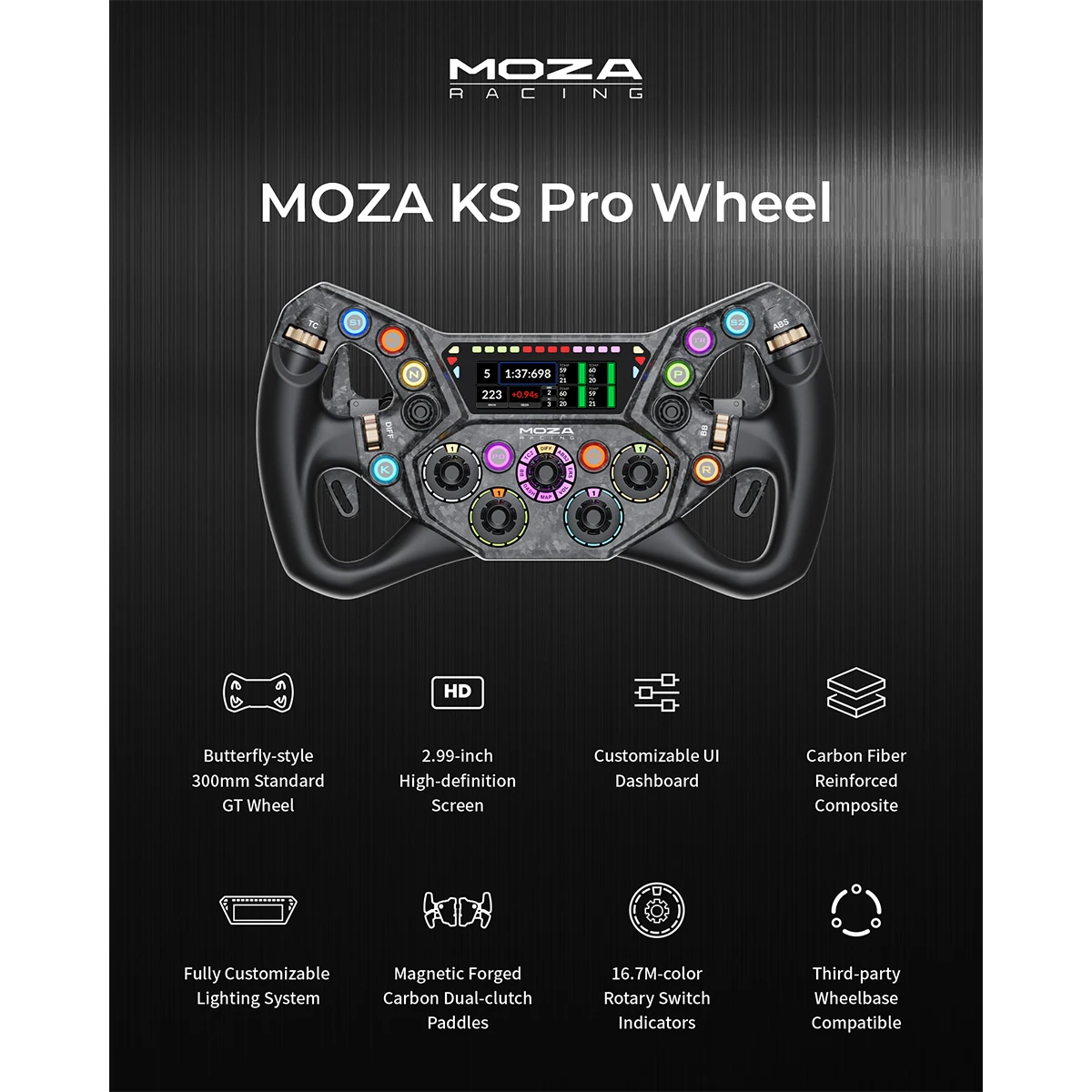 Moza KS Pro stuurwiel specificaties met 2.99 inch display en carbon composiet behuizing