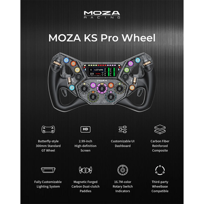 Moza KS Pro stuurwiel specificaties met 2.99 inch display en carbon composiet behuizing