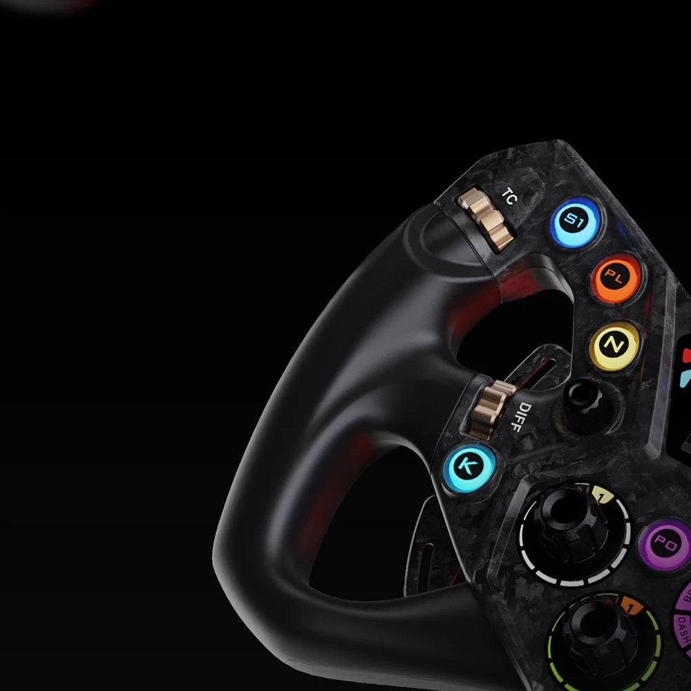 Close up van Moza KS Pro stuurwiel met rotary encoders en magnetische shifters