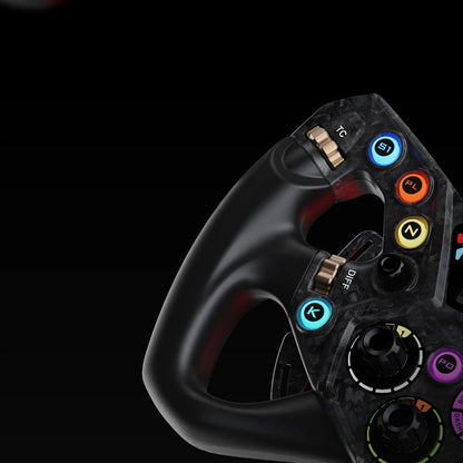 Close up van Moza KS Pro stuurwiel met rotary encoders en magnetische shifters