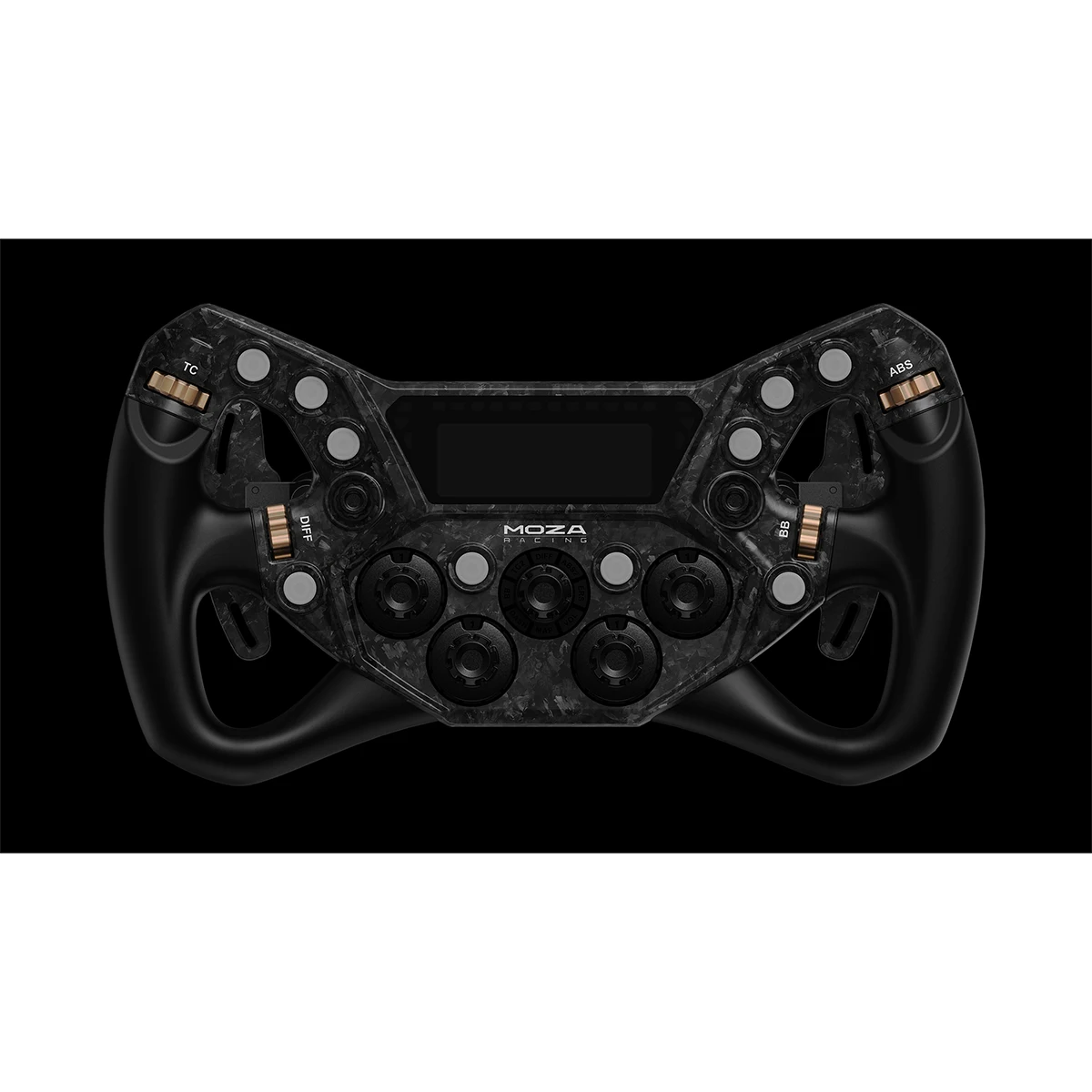 Vooraanzicht van het Moza KS Pro simrace stuurwiel met carbon frontplaat