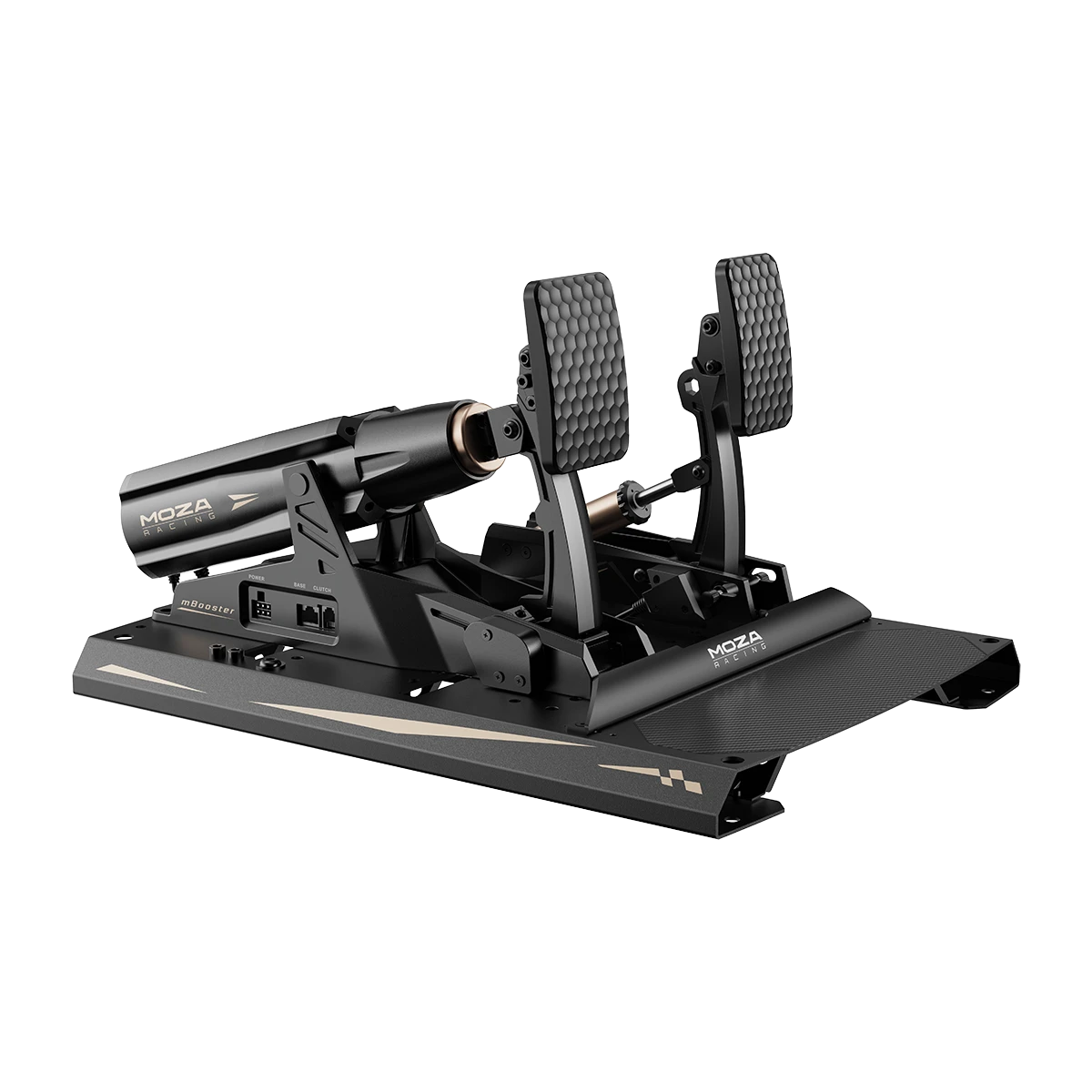 Moza mBooster Active Pedal Set side profile with CRP2 throttle pedal