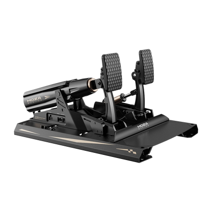 Moza mBooster Active Pedal Set side profile with CRP2 throttle pedal
