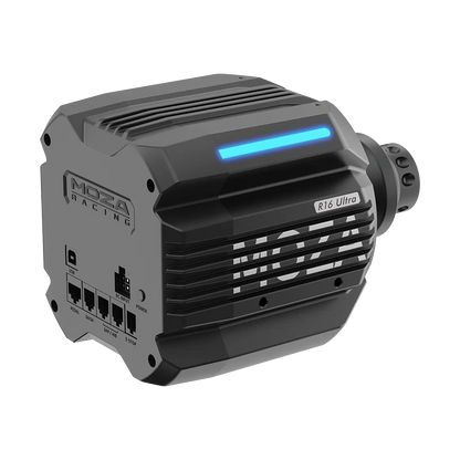Achterzijde en zijkant van de Moza R16 Ultra Direct Drive base