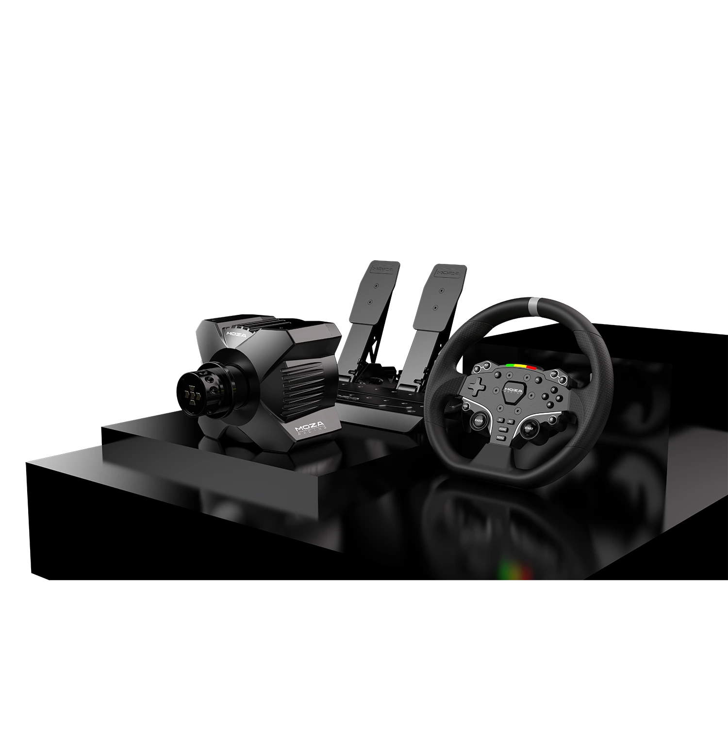 Moza Racing R3 direct drive sim racing bundle for PC on black stage