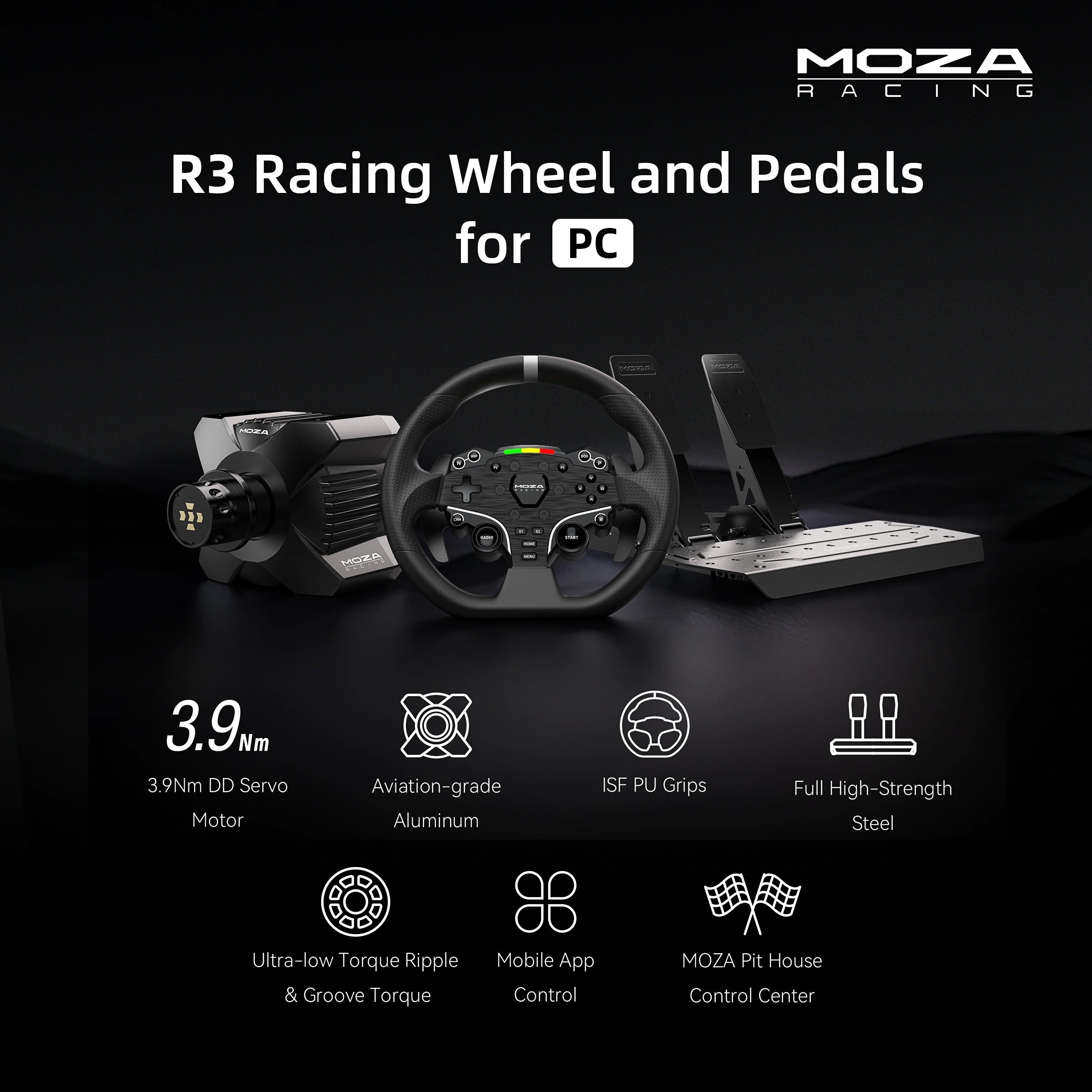 Moza Racing R3 racing wheel and pedals for PC with 3.9 Nm direct drive motor