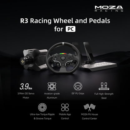 Moza Racing R3 racing wheel and pedals for PC with 3.9 Nm direct drive motor